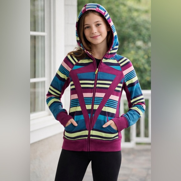 Ivivva Other - Ivivva Scuba Hoodie Girls 14 (Fits XS) Striped Lululemon Style Zip Jacket Pink